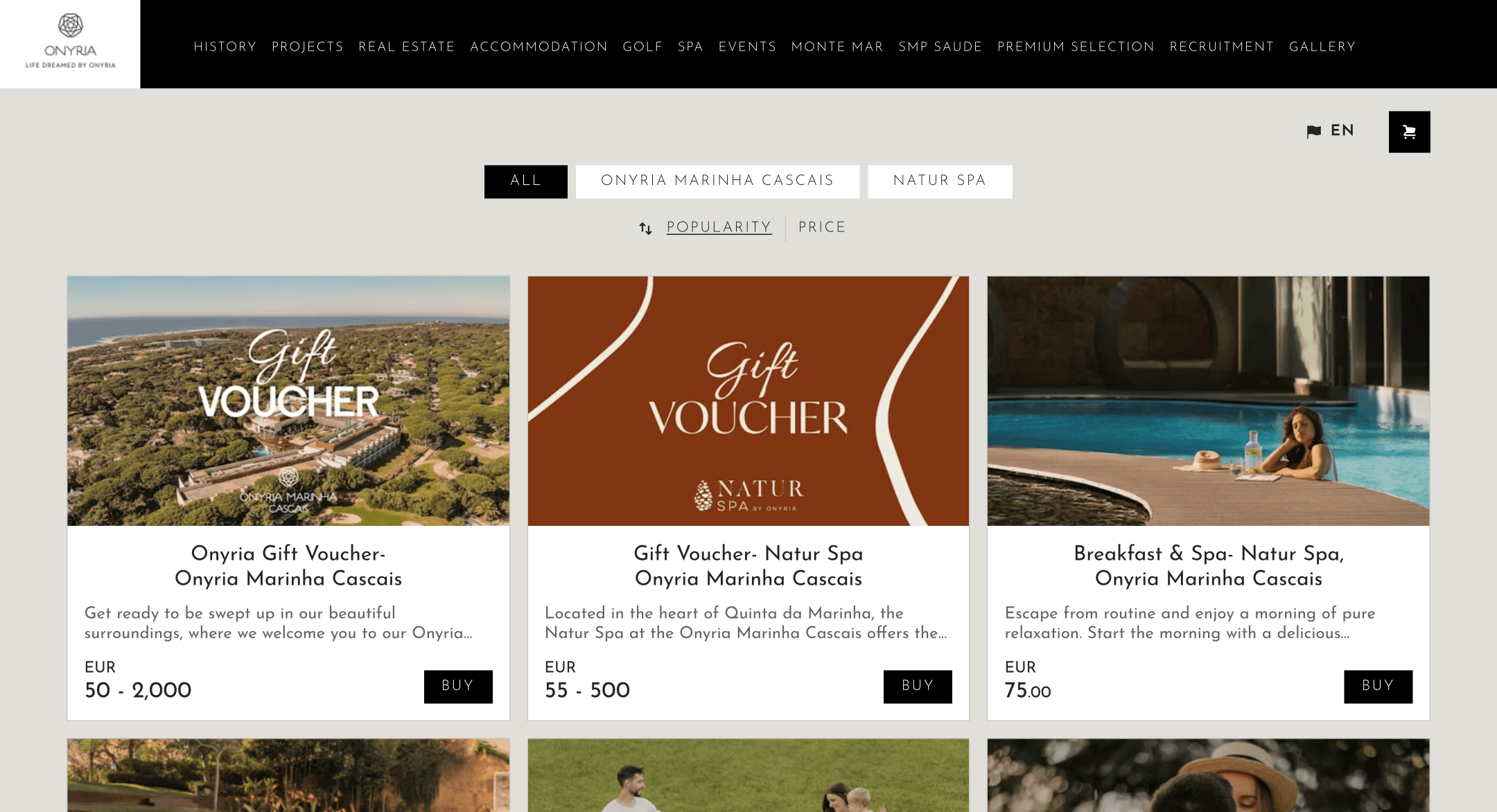 Onyria Group gift voucher store powered by Shopin1